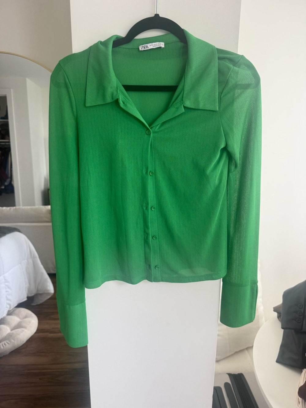 Zara Bright Green Sheer Button-Down Shirt